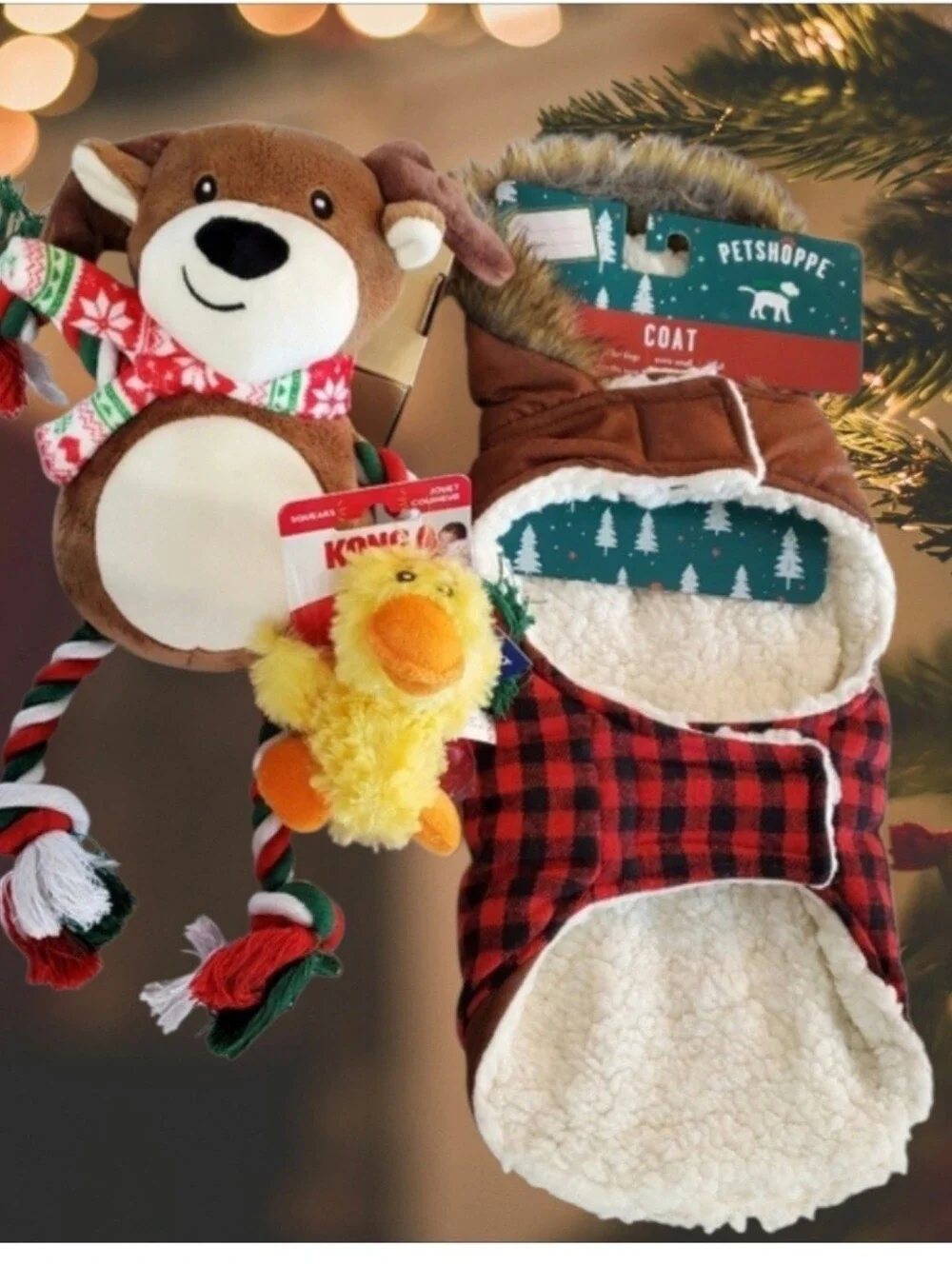 Plaid Dog Jacket, Reindeer & Duck Dog Toys bundle